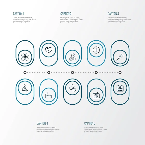 Kábítószer vázlat ikonok beállítása. Ágy, fogyatékos személy, tabletta és egyéb elemek gyűjteménye. Magában foglalja a szimbólumok, orvostudomány, épület, az ember. — Stock Vector
