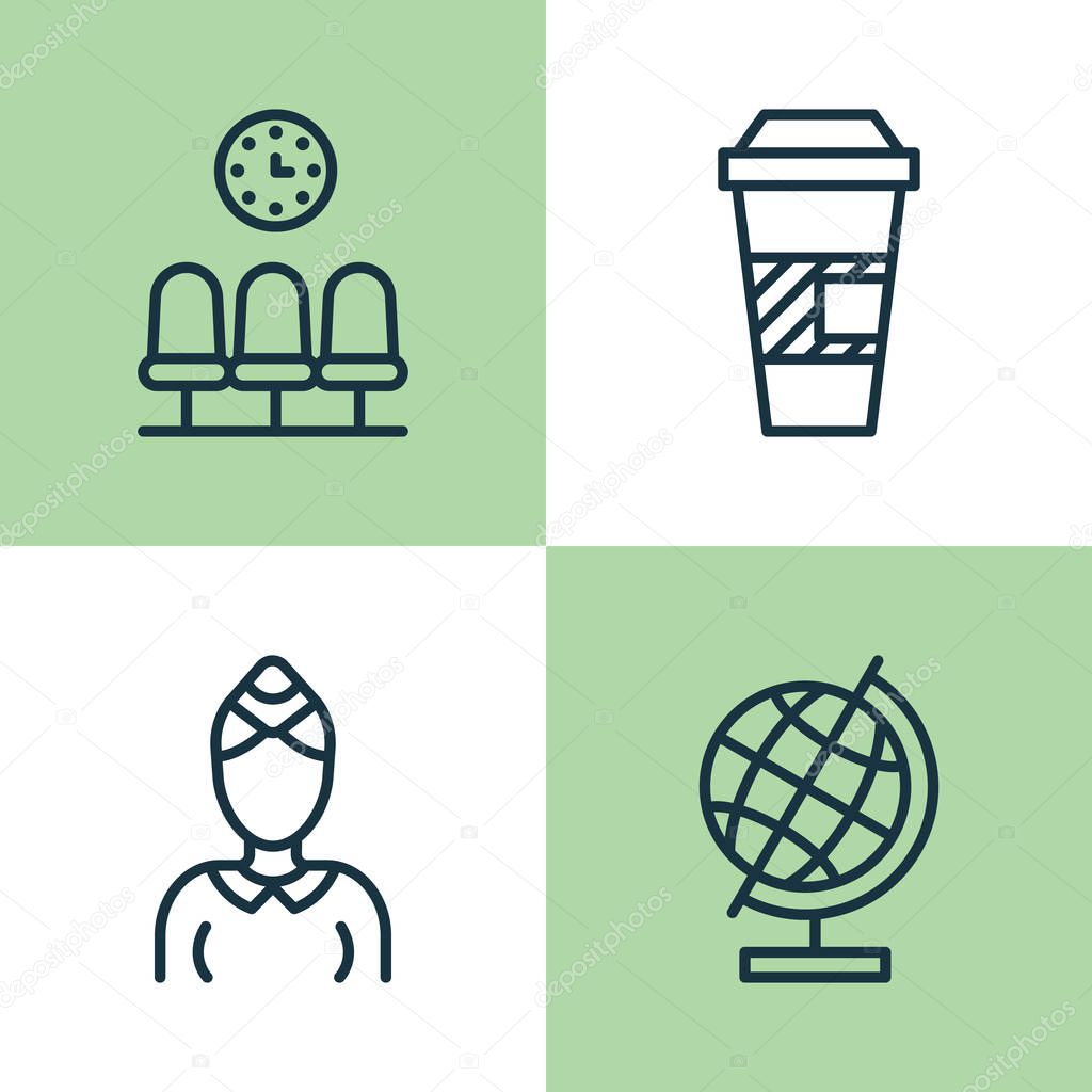 Airport Icons Set. Collection Of Seats, Takeaway Coffee, Hostess And Other Elements. Also Includes Symbols Such As Coffee, Hostess, Takeaway.