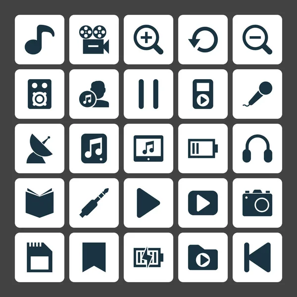 Мультимедийный набор иконок. Коллекция спутников, зарядов, флагов и других элементов. Also Includes Symbols such as Headphone, Rewind, Audio . — стоковый вектор
