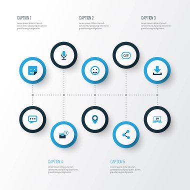 Sosyal renkli simgeler kümesi. Mikrofon, paylaşım, bildirim ve diğer öğeleri koleksiyonu. Ayrıca gülümseme, GIF, Video gibi simgeler içerir.