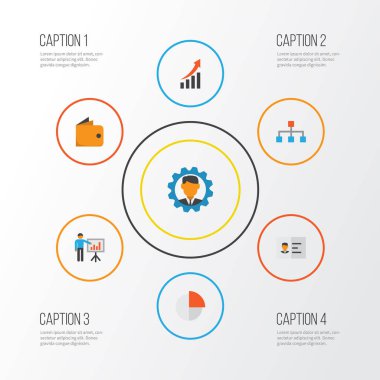 Ticaret düz simgeler kümesi. Artan, pasta Bar, faturaları ve diğer öğeleri koleksiyonu. Ayrıca daire, kartı, kimlik gibi simgeler içerir.