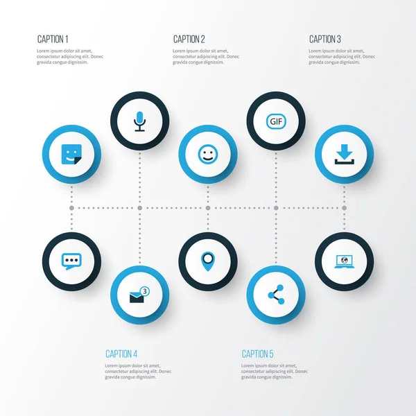 Sosyal renkli simgeler kümesi. Mikrofon, paylaşım, bildirim ve diğer öğeleri koleksiyonu. Ayrıca gülümseme, GIF, Video gibi simgeler içerir.