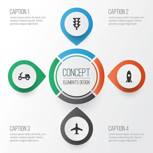 Ulaşım Icons Set. Uzay gemisi, uçak, Skooter ve diğer öğeleri koleksiyonu. Ayrıca trafik, motosiklet, Scooter gibi simgeler içerir.