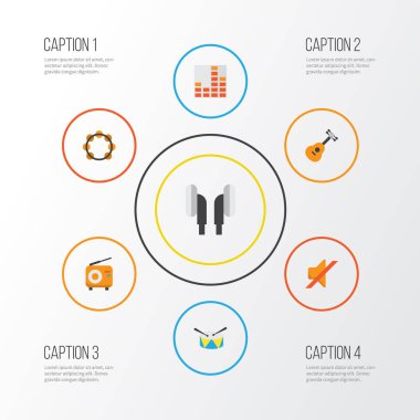 Multimedya düz simgeler kümesi. Ritim, kulaklık, yayın ve diğer öğeleri koleksiyonu. Kulaklık, davul sessiz gibi semboller de içerir.