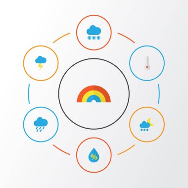 Hava düz simgeler kümesi. Flaş, doluya, sıcaklık ve diğer öğeleri koleksiyonu. Ayrıca damla, sıcak, duş gibi simgeler içerir.