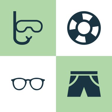 Sezon Icons Set. Gözlükler, tüp, cankurtaran ve diğer öğeleri koleksiyonu. Ayrıca iç çamaşırı, Lifebuoy, gözlük gibi simgeler içerir.