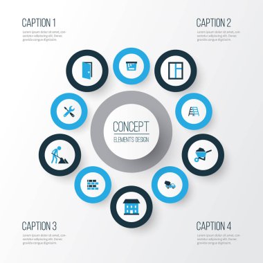 İnşaat renkli simgeler kümesi. Aç, boya, cam ve diğer öğeleri koleksiyonu. Ayrıca inşaat, işçi, pencere gibi simgeler içerir.