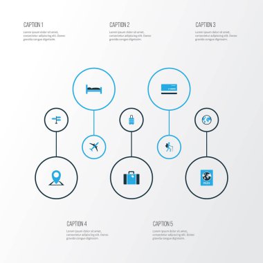 Keşif renkli simgeler kümesi. Yatak, pasaport, tabela ve diğer öğeleri koleksiyonu. Passport, harita, uyku gibi semboller de içerir.