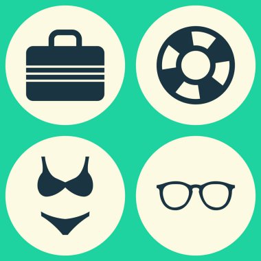 Yaz Icons Set. Bikini, Bagaj, gözlük ve diğer öğeleri koleksiyonu. Ayrıca hayatımı kurtardın, şemsiye, Lifebuoy gibi simgeler içerir.