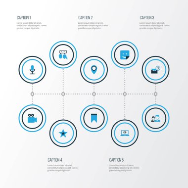 Medya renkli simgeler kümesi. Mikrofon, konumu, arkadaş ve diğer öğeleri koleksiyonu. Ayrıca, gelen kutusu, sevgilisi, Web gibi simgeler içerir.