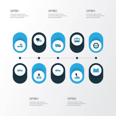 Araba renkli simgeler kümesi. Station Wagon, kamyon, pil ve diğer öğeleri koleksiyonu. Ayrıca kolu, Van, dişli gibi simgeler içerir.