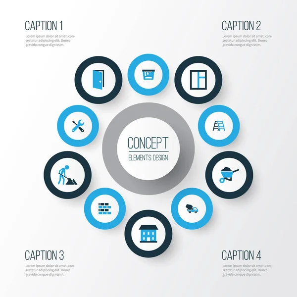 İnşaat renkli simgeler kümesi. Aç, boya, cam ve diğer öğeleri koleksiyonu. Ayrıca inşaat, işçi, pencere gibi simgeler içerir.