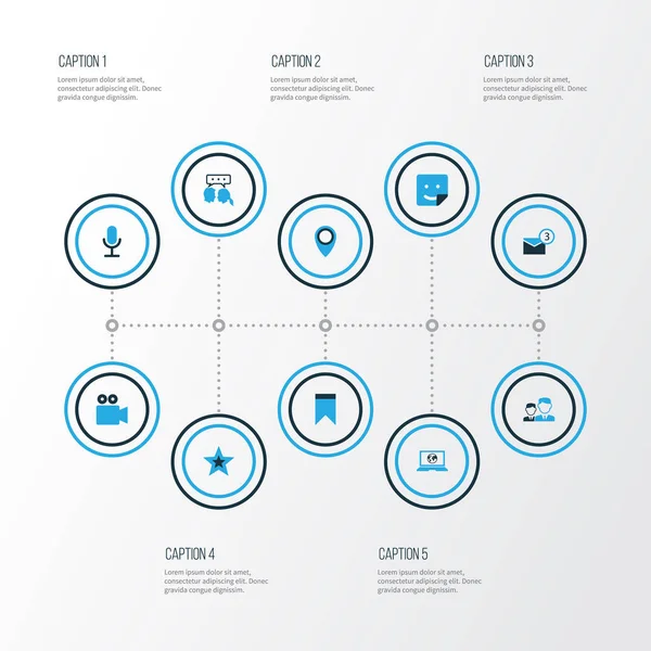 Medya renkli simgeler kümesi. Mikrofon, konumu, arkadaş ve diğer öğeleri koleksiyonu. Ayrıca, gelen kutusu, sevgilisi, Web gibi simgeler içerir.
