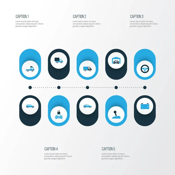 Conjunto de ícones coloridos de carro. Coleção de Station Wagon, Camião, Bateria e outros elementos. Também inclui símbolos como alavanca, Van, engrenagem . — Vetor de Stock