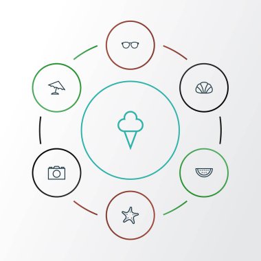 Sezon anahat simgelerini belirlemek. Kavun, şemsiye, dondurma ve diğer öğeleri koleksiyonu. Ayrıca sembolleri böyle içerir olarak güneşli, dut, fotoğraf.