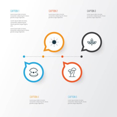 Dünya Icons Set. Güneş, deniz kabuğu, meşe ve diğer öğeleri koleksiyonu. Ayrıca mücevher, Pearl, güneş ışığı gibi simgeler içerir.