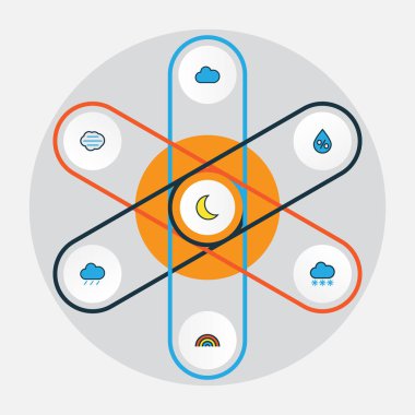 İklim renkli anahat simgelerini belirlemek. Koleksiyon, fırtına, kar yağışı, ay ışığı ve diğer öğeler. Ayrıca bulutlu, Hail, gökkuşağı gibi simgeler içerir.