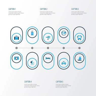 Keşif renkli simgeler kümesi. Yön tabelası, otobüs, bavul ve diğer öğeleri koleksiyonu. Aynı zamanda yelken, fotoğraf, taşıma gibi simgeler içerir.