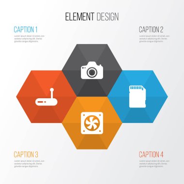 Donanım simgeleri ayarlayın. Bilgisayar havalandırma, hafıza kartı, yönlendirici ve diğer öğeleri koleksiyonu. Ayrıca Modem, Router, Wifi gibi simgeler içerir.