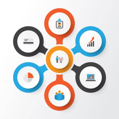 Ticaret düz simgeler kümesi. Ödeme, pasta Bar, adam sunmak ve diğer öğeleri koleksiyonu. Ayrıca ekran, büyüyen, ödeme gibi simgeler içerir.