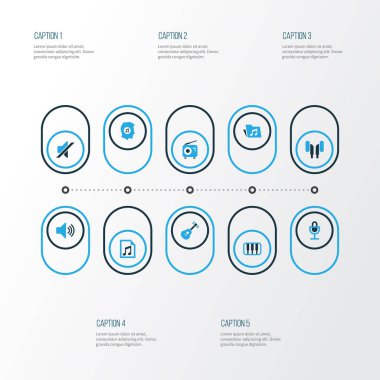 Ses renkli simgeler kümesi. Kulaklık, sessiz, piyano ve diğer öğeleri koleksiyonu. Ayrıca müzik, mikrofon, dikkat gibi simgeler içerir.