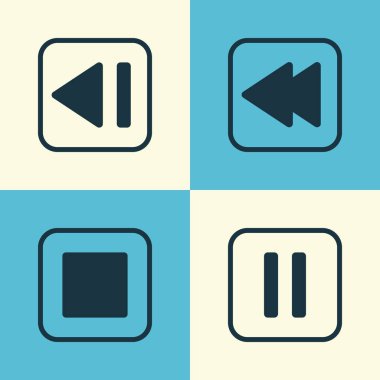 Ses simgeler kümesi. Dur düğmesi, sessiz şarkı, son şarkı ve diğer öğeleri koleksiyonu. Ayrıca arka, Duraklat, medya gibi simgeler içerir.