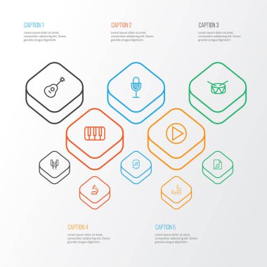 Multimedya anahat simgelerini belirlemek. Fonograf, dizeleri, anahtarları ve diğer öğeleri koleksiyonu. Ayrıca sevgilisi, daire, ekolayzer gibi simgeler içerir.