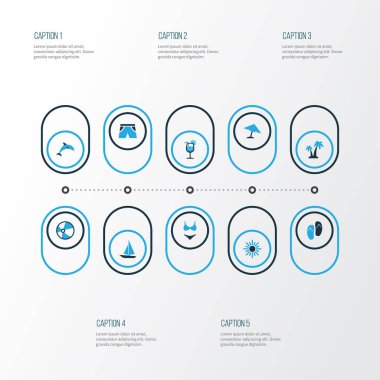 Yaz renkli simgeler ayarlayın. Mayolar, top, tekne ve diğer öğeleri koleksiyonu. Ayrıca yüzme, limonata, gemi gibi simgeler içerir.