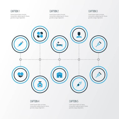 Antibiyotik renkli simgeler kümesi. Aşı, hekim, yapıştırıcı sıva ve diğer öğeleri koleksiyonu. Polikliniği, nabız, bücür gibi semboller de içerir.