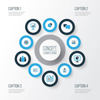 Ticaret renkli simgeler kümesi. İstatistikler, Analytics, takım ve diğer öğeleri koleksiyonu. Ayrıca yorum, dünya, kimliği gibi simgeler içerir.