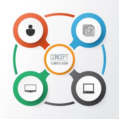 Internet simgeler kümesi. Pc, ekran, kullanıcı ve diğer öğeleri koleksiyonu. Ayrıca, tarayıcı, bilgisayar, ekran gibi simgeler içerir.