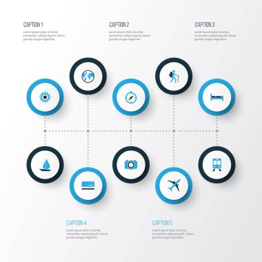 Keşif renkli simgeler kümesi. Tren, yatak, turizm ve diğer öğeleri koleksiyonu. Ayrıca Gezgin, vize, metro gibi simgeler içerir.