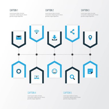 Medya renkli simgeler kümesi. Gülümseme, karikatür, etiket ve diğer öğeleri koleksiyonu. Dizüstü bilgisayar, ağ, yayımlamak gibi semboller de içerir.