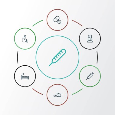 Uyuşturucu anahat simgelerini belirlemek. Özürlü, yatak, enjeksiyon öğeleri koleksiyonu. Ayrıca çadır, helikopter, hap gibi simgeler içerir.