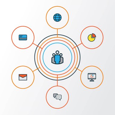 Ticaret renkli anahat simgeler kümesi. Banka nakit, pasta grafik, konuşma ve diğer öğeleri koleksiyonu. Ayrıca kart, konuşma, takım gibi simgeler içerir.