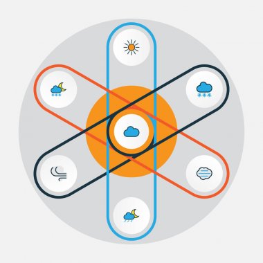 Hava renkli anahat simgeler kümesi. Güneş, ay, donma ve diğer öğeleri koleksiyonu. Ayrıca güneş, bulut yağmur gibi simgeler içerir.