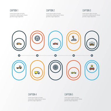 Otomatik Renkli Anahat simgelerini belirlemek. Makine, sürücü, kaporta ve diğer öğeleri koleksiyonu. Ayrıca vagon, otomatik vites gibi simgeler içerir.