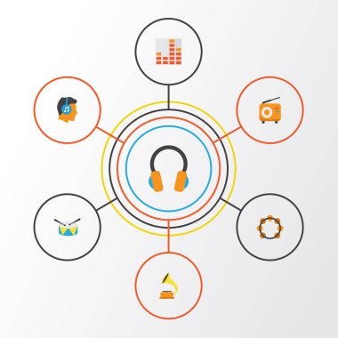 Multimedya düz simgeler kümesi. Kontrol, Shellac, kulak Muffs ve diğer öğeleri koleksiyonu. Ayrıca davul, Samba, denetleme gibi sembolleri içerir.