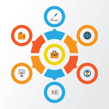 Ticaret düz simgeler kümesi. Bavul, kimlik, küresel ve diğer öğeleri koleksiyonu. Ayrıca müdür, evrak çantası, sunum gibi simgeler içerir.