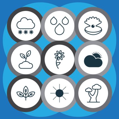 Ekoloji Icons Set. Güneşli hava, deniz kabuğu, meşe ve diğer öğeleri koleksiyonu. Ayrıca hava, Pearl, güneş ışığı gibi simgeler içerir.