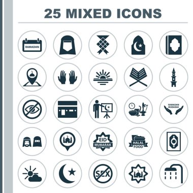 Ramazan Icons Set. Abend, sınırlı, din ve diğer öğeleri koleksiyonu. Ayrıca Namaz, Helal, öğretim gibi simgeler içerir.