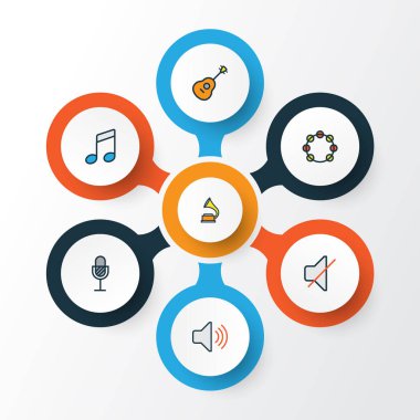 Multimedya renkli anahat simgelerini belirlemek. Tef, ses, dizeleri ve diğer öğeleri koleksiyonu. Ayrıca sessiz, gramofon, amplifikatör gibi simgeler içerir.