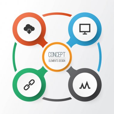 Icons Set Arabirimi. Zinciri, monitör, bulut ve diğer öğeleri koleksiyonu. Ayrıca etkinlik, aktivizm, ekran gibi simgeler içerir.