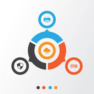 Aracı Icons Set. Savunma, baskı makinesi, tuş takımı ve diğer öğeleri koleksiyonu. Ayrıca klavye gibi simgeler içerir makine, Online.