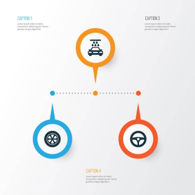 Otomatik Icons Set. Sürücü kumanda, aktarım Temizleme, tekerlek ve diğer öğeleri koleksiyonu. Ayrıca, tekerlekli, otomatik direksiyon gibi sembolleri içerir.