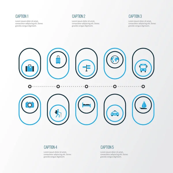 Conjunto de iconos coloridos de exploración. Colección de señal, autobús, maleta y otros elementos. También incluye símbolos como vela, foto, transporte . — Vector de stock