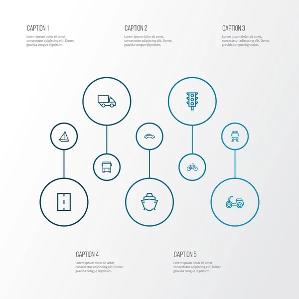 전송 개요 아이콘 세트입니다. 자동차, 전차, 버스 및 기타 요소의 컬렉션입니다. 또한 모터, 자동차, 트럭 등 기호 포함. — 스톡 벡터