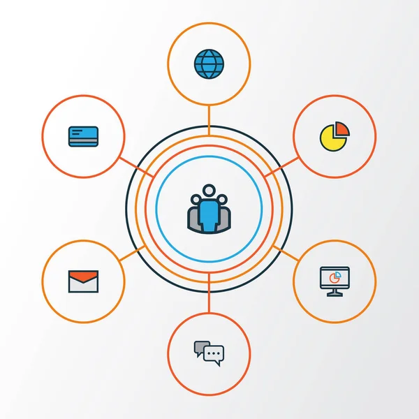 Ticaret renkli anahat simgeler kümesi. Banka nakit, pasta grafik, konuşma ve diğer öğeleri koleksiyonu. Ayrıca kart, konuşma, takım gibi simgeler içerir.
