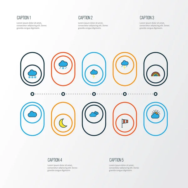 İklim renkli anahat simgelerini belirlemek. Gökkuşağı, karanlık, bulutlu gün ve diğer öğeleri koleksiyonu. Ayrıca sağnak, Rüzgar, fırtına gibi simgeler içerir.