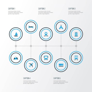 Keşif renkli simgeler kümesi. Otel, uçak, dağlar ve diğer öğeleri koleksiyonu. Ayrıca demiryolu, Mastercard, bina gibi simgeler içerir.